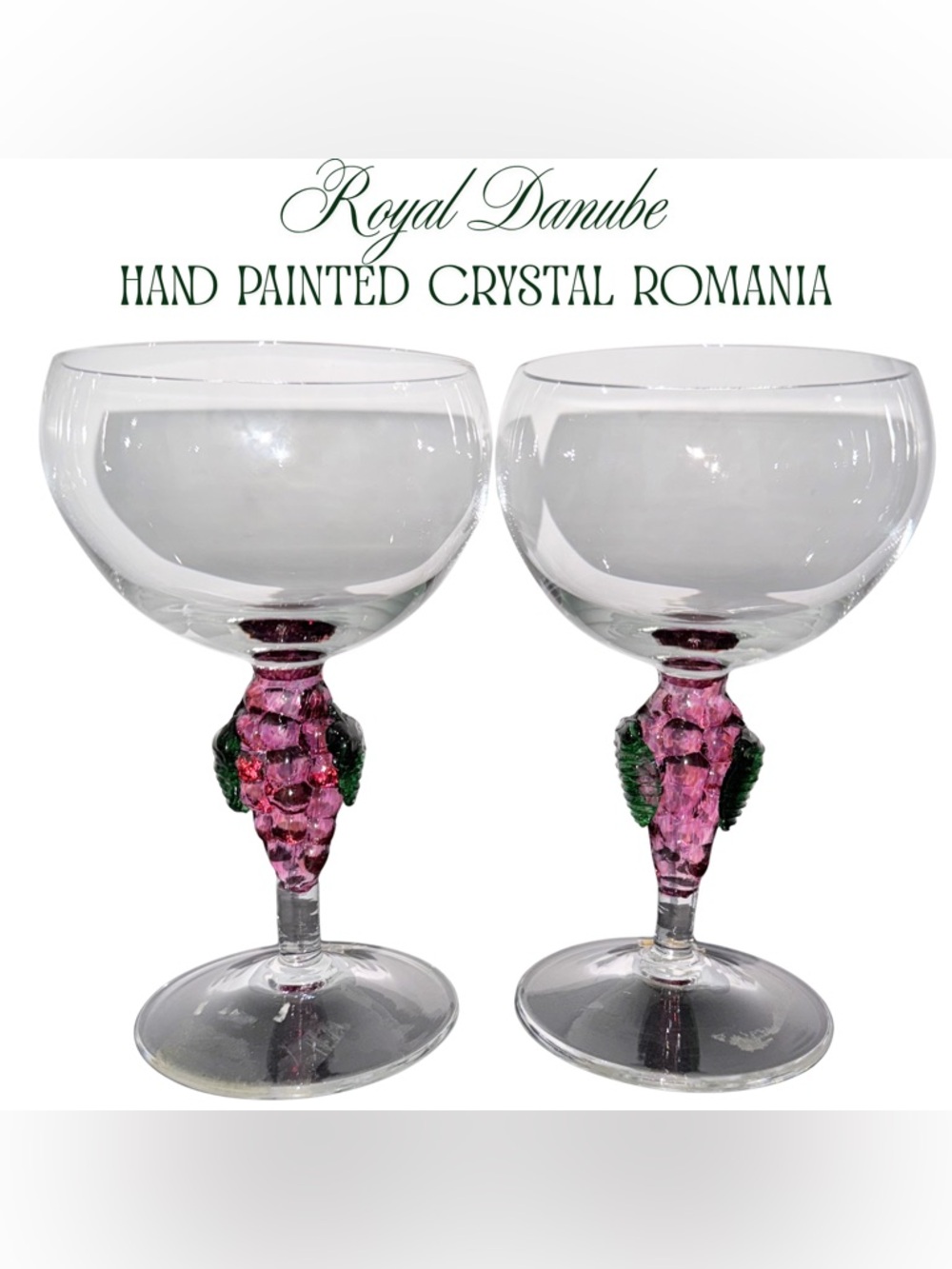 Pair Royal Danube Hand Painted Crystal Wine Glasses Grapes Romania Vintage